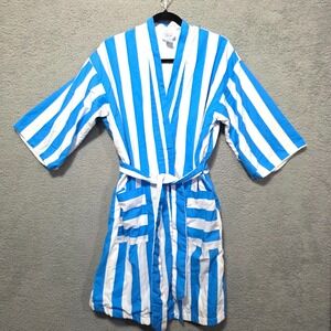 Vintage‎ Its A Charm Robe White Blue Striped Terry Cloth Pockets Size Small